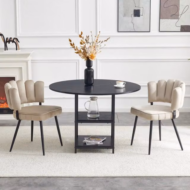 Set tavolo rotondo 107 cm con 2 sedie, MDF nero e metallo con vano, caffè