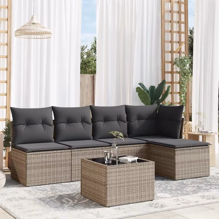 Set Divano da Giardino vidaXL 6 pz a Forma a L con Tavolino e Ottoman in Polyrattan Grigio