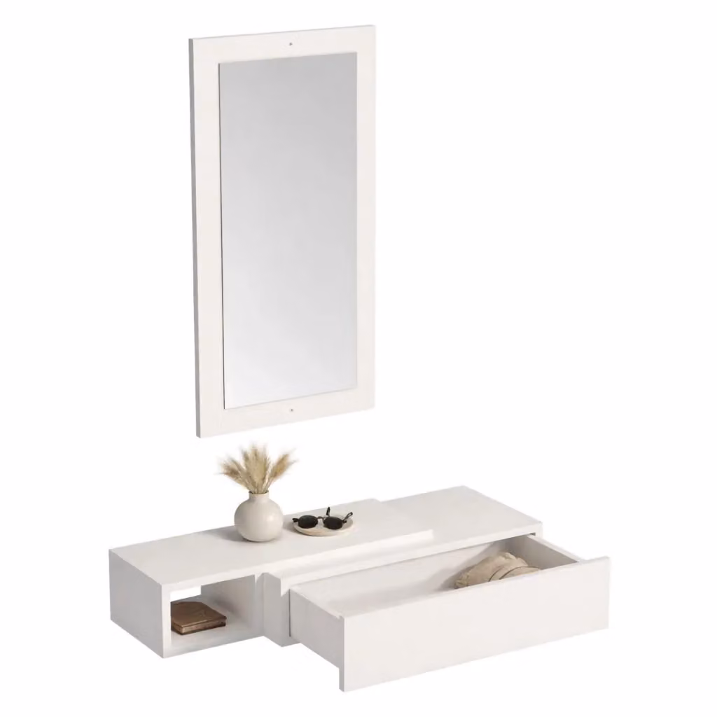 DMORA Mobile da Ingresso Moderno con Specchio e Ante con Cassetti, Bianco e Beige, L: 82 cm, P: 30 cm, H: 16 cm – 2