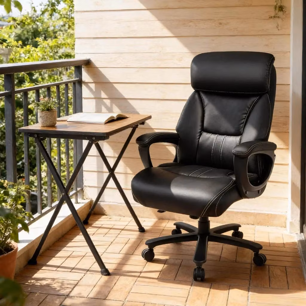 Sedia da ufficio ergonomica nera in ecopelle con poggiatesta regolabile, base in metallo e plastica, girevole a 360 gradi, L/P/H: 72 x 72 x 127 cm – 2