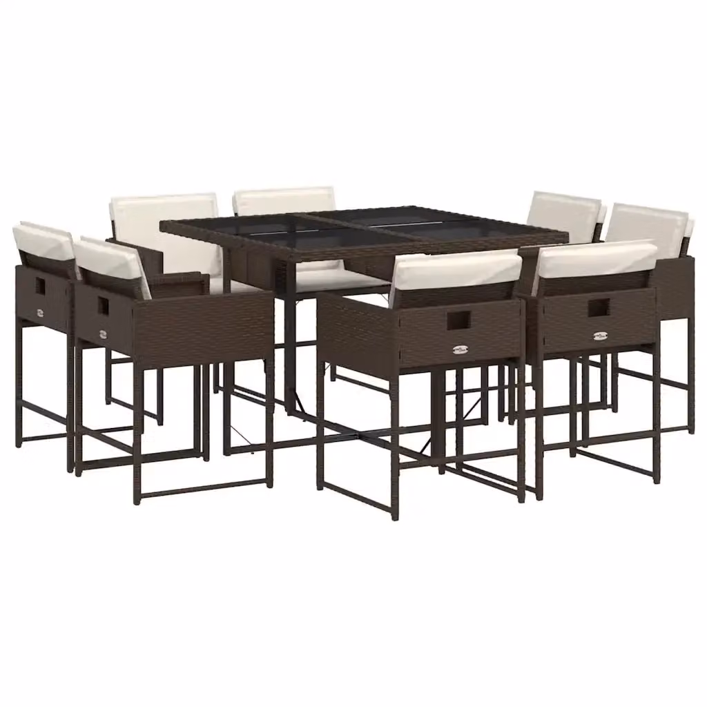 Set da Pranzo da Giardino vidaXL 9pz in Polyrattan Marrone con Cuscini Bianchi e Tavolo in Vetro – 2