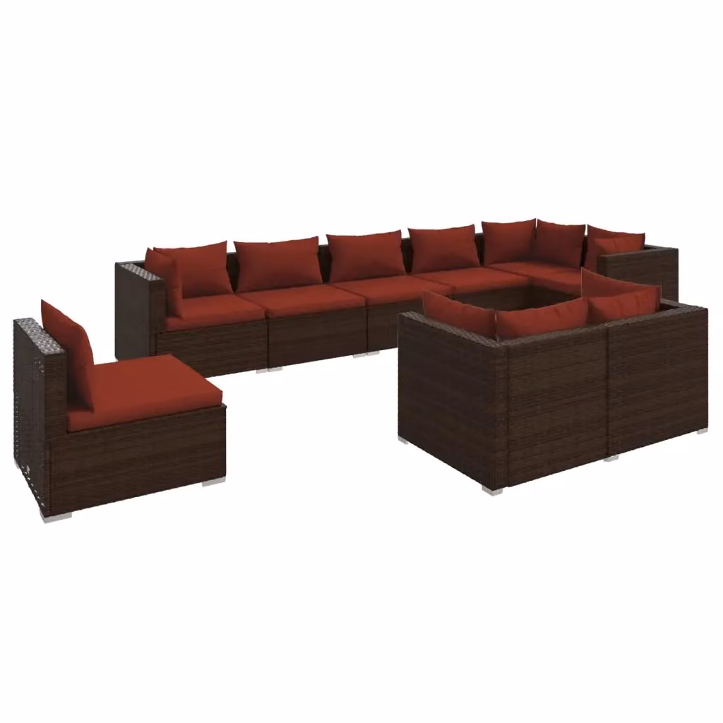 Set di divani da giardino a L vidaXL composto da 9 pezzi con cuscini in marrone e rosso con struttura in metallo e sedute in rattan – 2