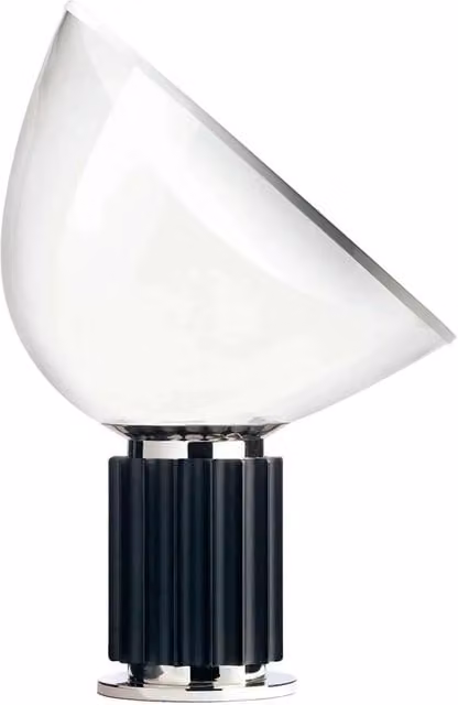 Lampada da tavolo LED Flos Taccia con paralume in vetro e struttura in metallo, luce bianca calda, disponibile in bianco, nero o trasparente