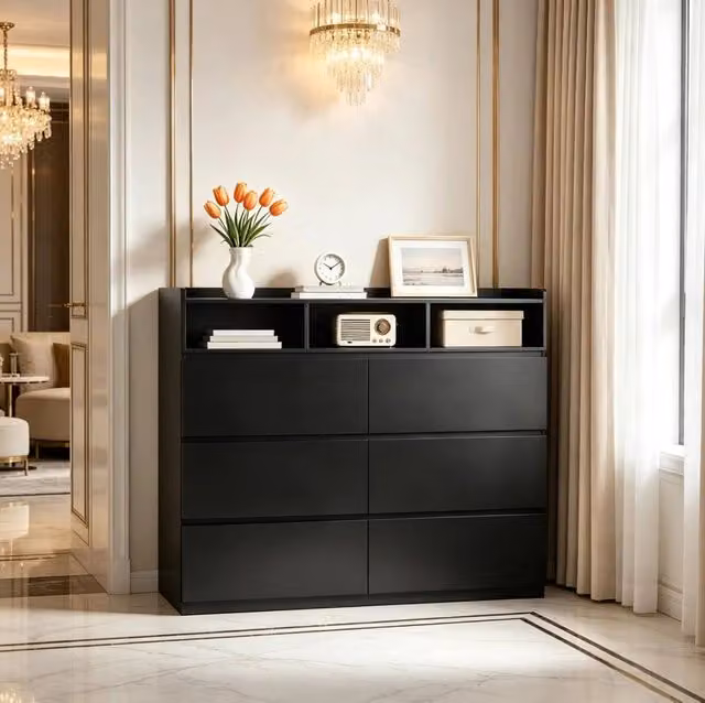 Cassettiera Moderna 4 Ripiani in Truciolato Nero 120x40x100 cm con 6 Cassetti e 3 Scomparti Aperti