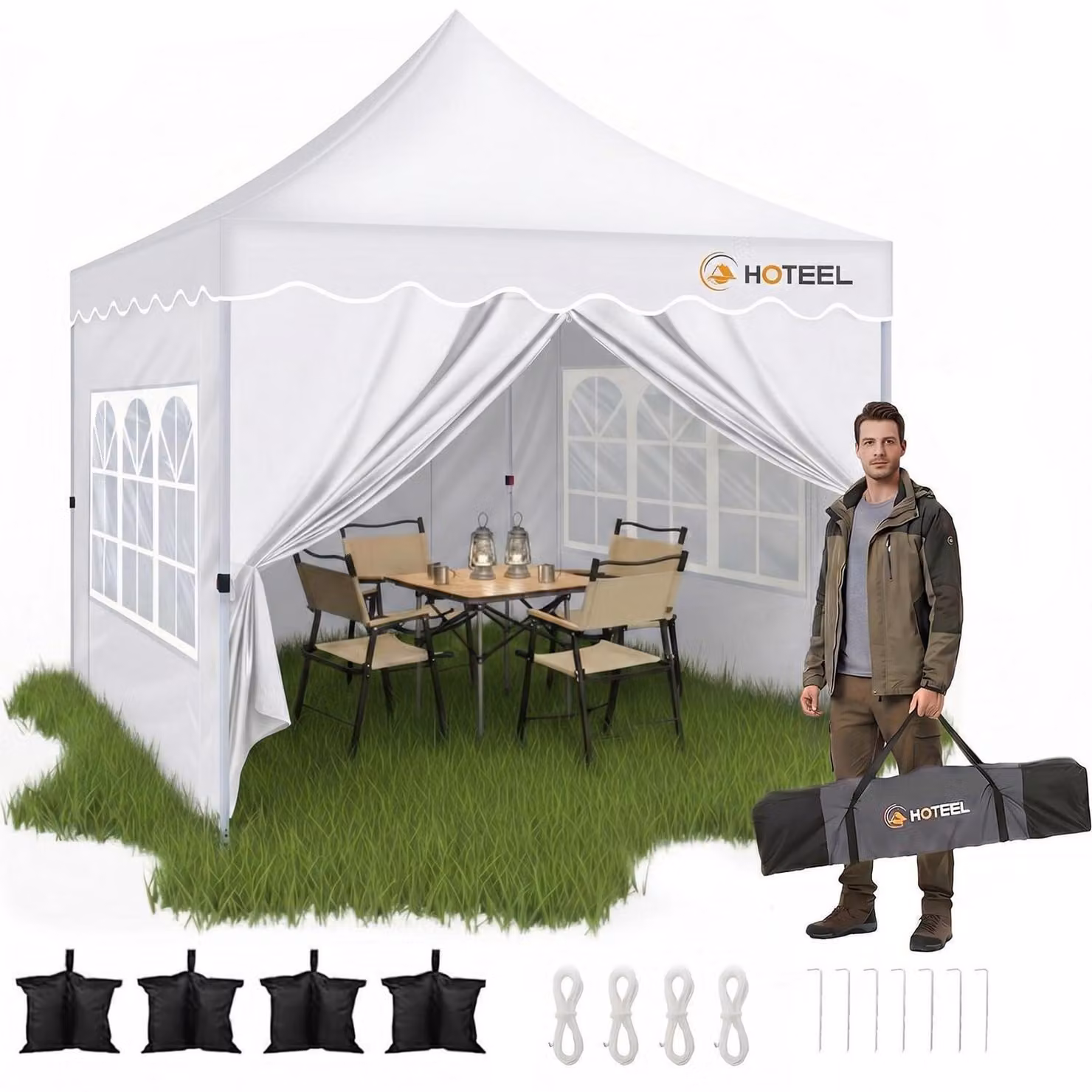 Gazebo da giardino 3x3 metri, colore bianco, con 4 pannelli laterali, protezione UV 50+, impermeabile, struttura rinforzata
