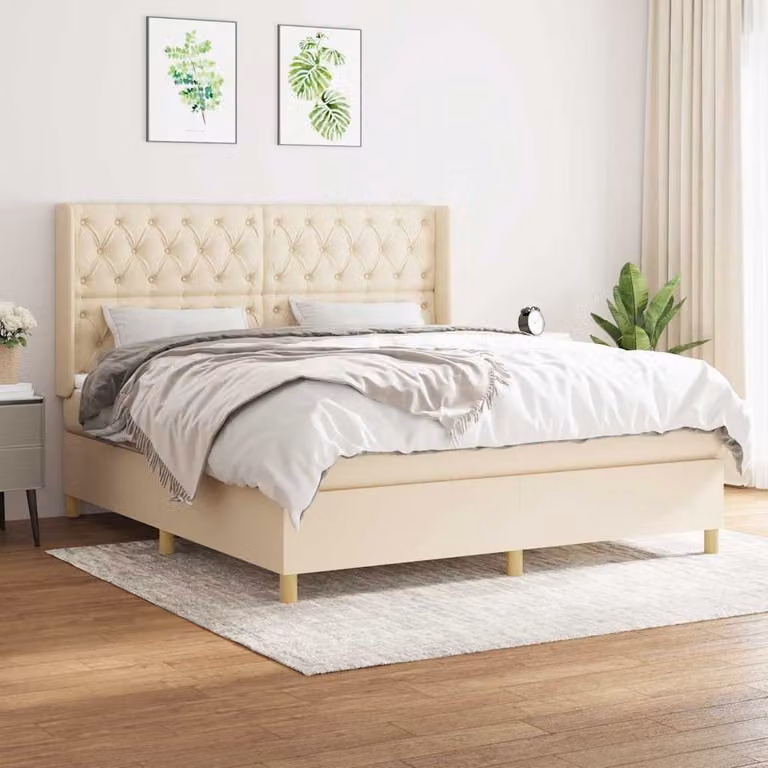 vidaXL Giroletto a Molle con Materasso Ibrido in Tessuto Beige e Bianco L/P/H: 160 x 200 cm