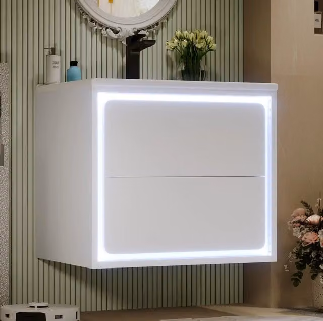 Mobile bagno sospeso 60x46x50 cm con lavabo in ceramica; 2 cassetti e luce LED a sensore; bianco