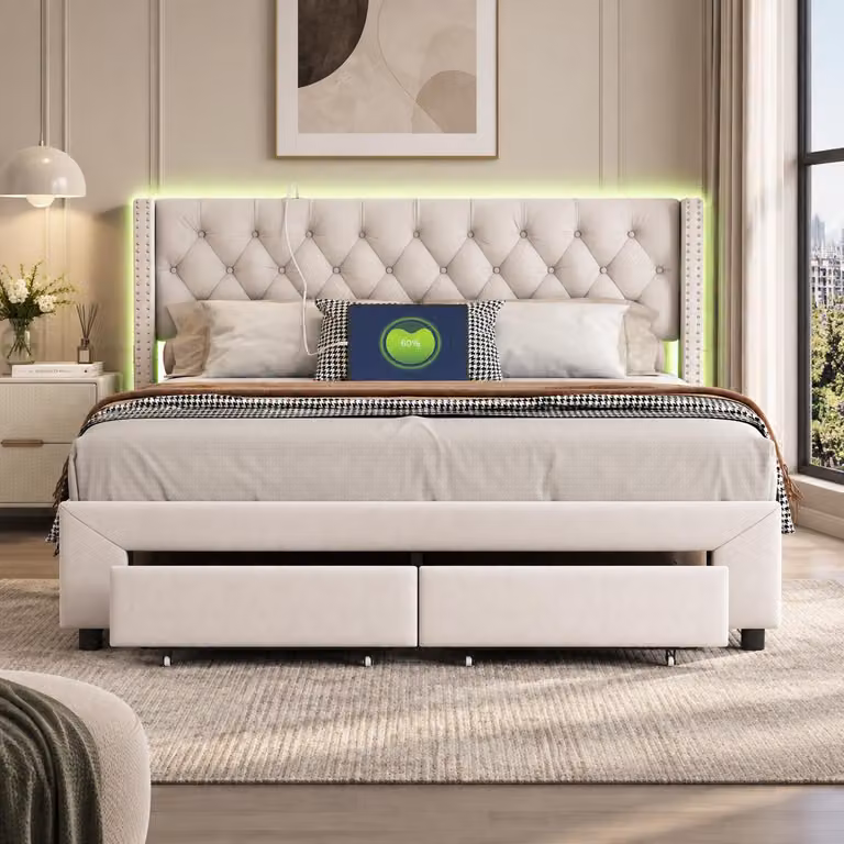 Letto imbottito INONEFT, 140x190 cm, con 2 cassetti, letto per ragazzi con illuminazione LED, testiera con 2 tasche laterali e funzione di ricarica USB, in velluto, color beige