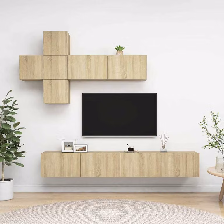 Set di mobili porta TV moderno vidaXL composto da 7 pezzi in legno multistrato e MDF, colore beige e marrone opaco