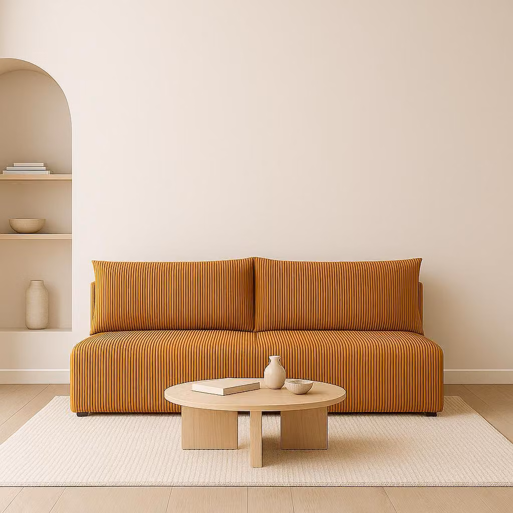 Sofello Divanetto letto LUNO Arancione – Divano moderno in velluto a coste per il tuo salotto, superficie letto: 204×144 cm