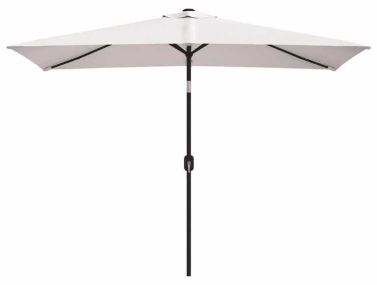 Ombrellone rettangolare, dimensioni 300x200 cm, colore bianco, con protezione UV, meccanismo di inclinazione a manovella, struttura in acciaio, tessuto in poliestere