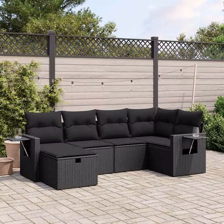 vidaXL Set Divano da Giardino a L 6 pz con Cuscini Nero in Polyrattan e Acciaio