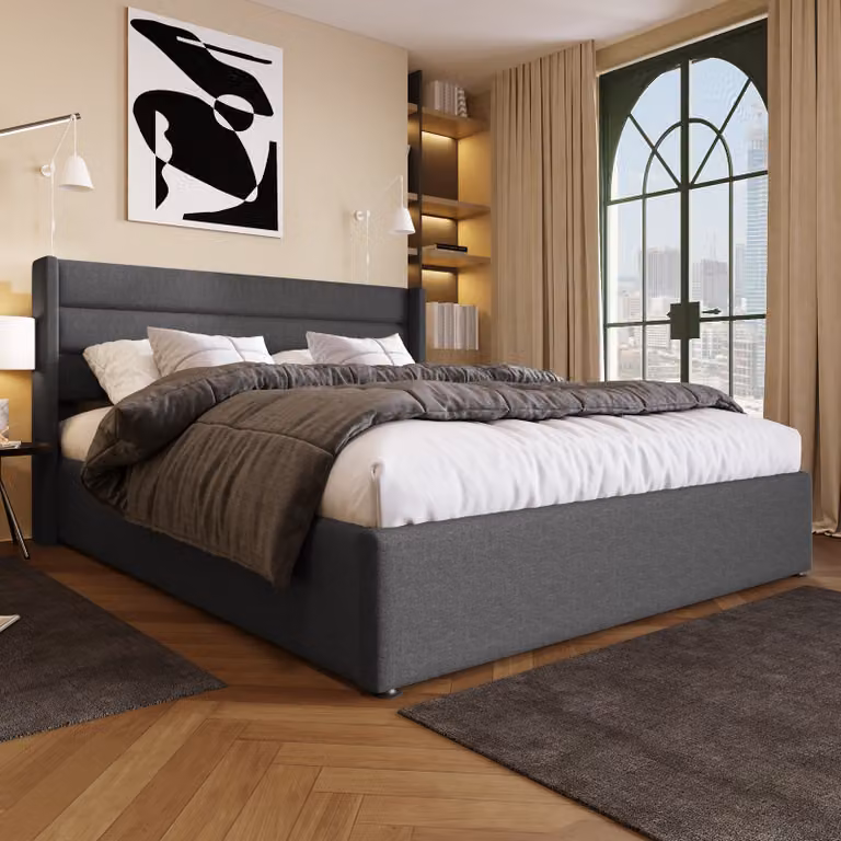 Letto imbottito STILVORA, 140x200 cm, matrimoniale, con rete a doghe in struttura metallica, contenitore per biancheria, con alta testiera, colore grigio (senza materasso)