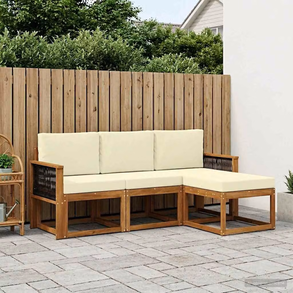 Set di divani da esterno vidaXL 4 pezzi in legno di acacia con cuscini, composizione a L con pouf, colore beige e marrone