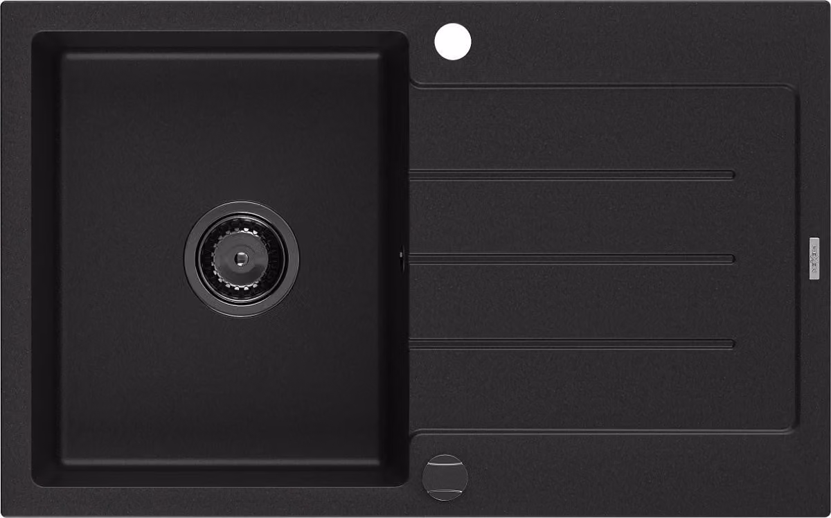 Mexen Bruno lavello in granito 1 vasca con sgocciolatoio 795 x 495 mm, nero, sifone nero - 6513791010-77-B