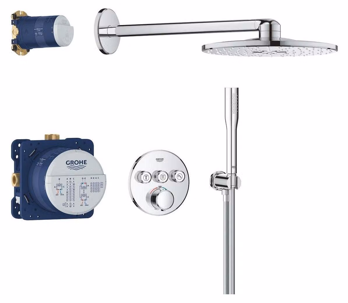 Sistema doccia da 310 mm, con 2 getti, doccetta manuale, finitura cromata, forma circolare