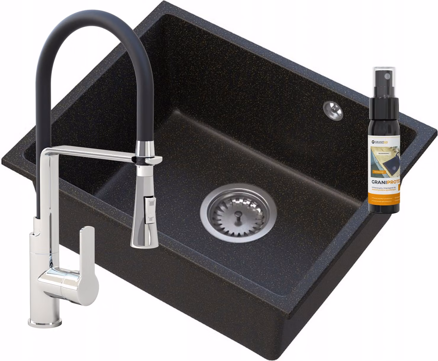 Granitan - Lavello in granito - Lavandino 46x37,5 cm - Lavello nero-oro - con miscelatore - MANADO