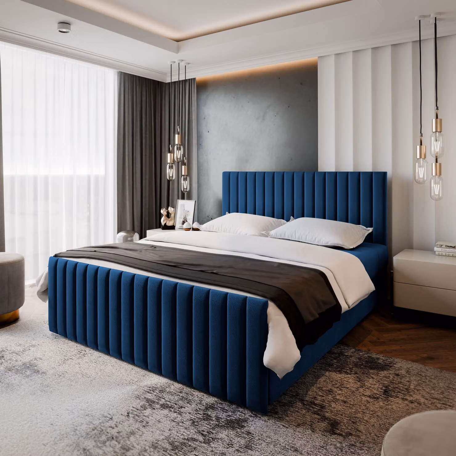 Letto a molle Masseno ARION 140x200 cm completo di materasso e topper Bonell, letto imbottito con cassettiera - blu, KRONOS 09