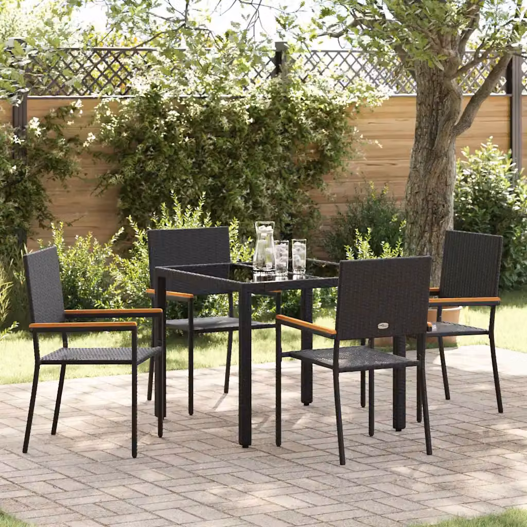Set da pranzo per giardino e terrazza vidaXL in polyrattan nero con tavolo in vetro e legno di acacia, 5 pezzi – 1