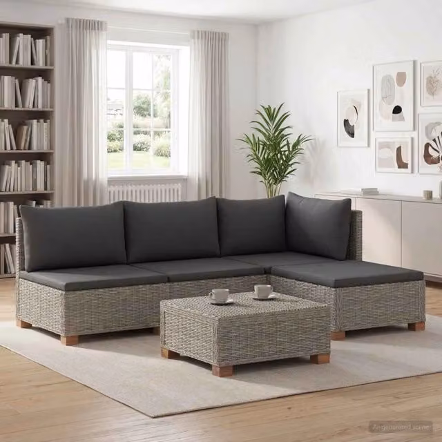 Set Lounge da Giardino a Forma di L vidaXL in Polyrattan con Cuscini Grigi e Tavolino da Esterno – 1