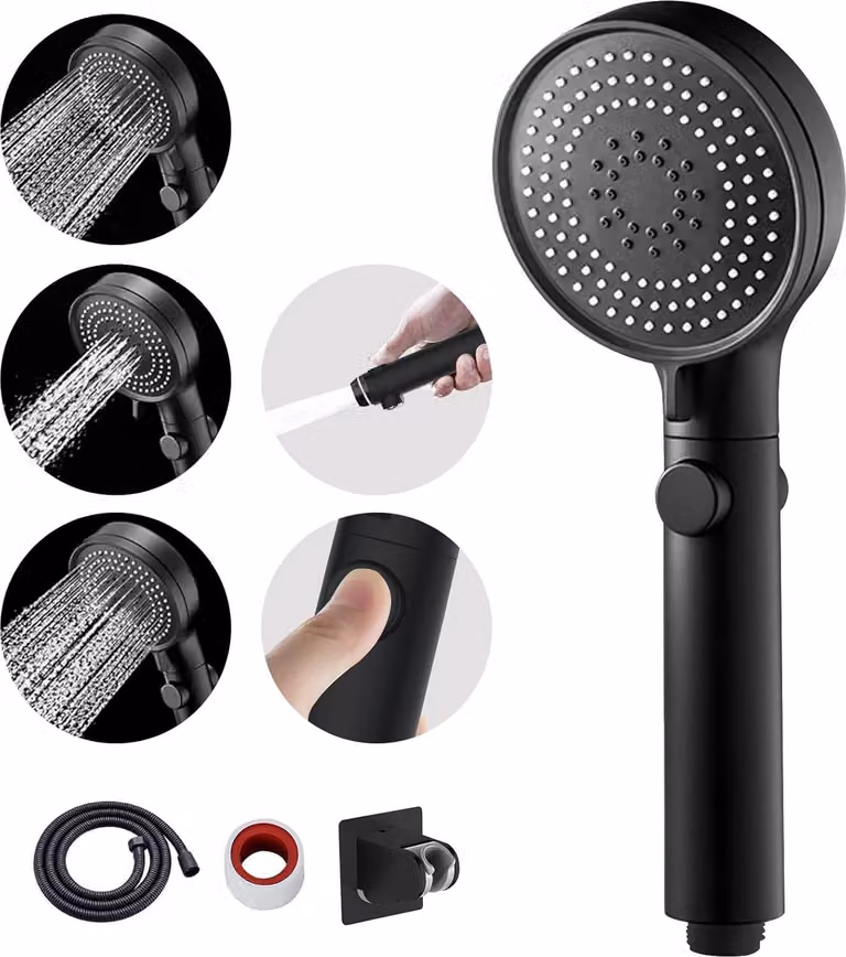 Soffione doccia, aumento di pressione, tubo doccia con soffione, soffione doccia ad alta pressione con arresto dell'acqua, 3 modalità di getto, soffione doccia con tubo (soffione doccia + tubo + supporto, nero)