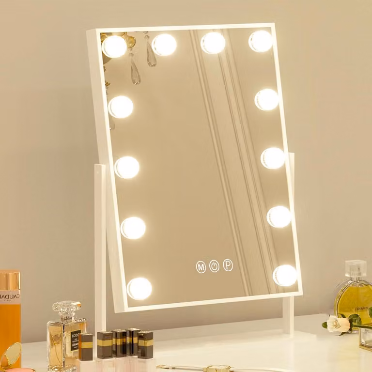 Specchio da trucco con illuminazione a LED, dimensioni 30x41 cm, 12 lampade, 3 colori, ingrandimento 10x
