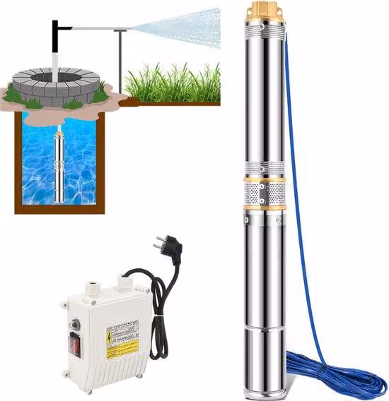 Pompa sommergibile da 1100W - 4 m³/h. Altezza massima di sollevamento: 81 metri. Pompa per pozzi profondi - pompa per acque sporche - con quadro elettrico esterno e cavo di alimentazione da 20 metri. Ideale per l'irrigazione e per il pompaggio di acque re