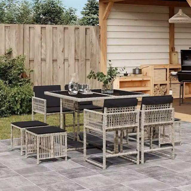 Set Pranzo da Giardino 9pz con Cuscini Grigio Chiaro Polyrattan 3211499