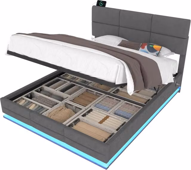 Letto contenitore 180x200 cm in velluto grigio con LED, USB, testiera regolabile