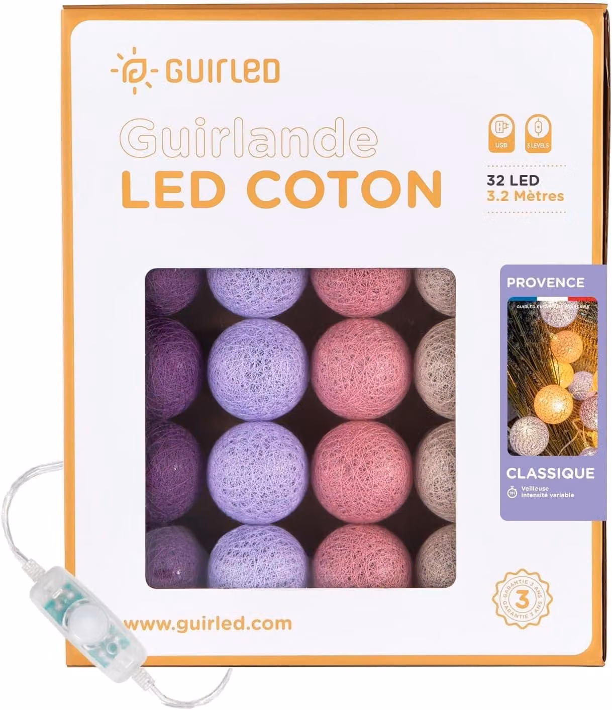 Catena luminosa con palline di cotone, lunghezza 3,2 metri, 32 palline, alimentazione USB, funzione di luce notturna, per uso interno