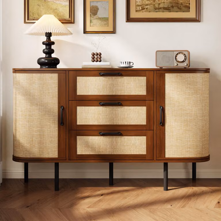 Mobile contenitore laterale Merax con 2 ante e 3 cassetti, credenza con frontale intrecciato, ripiani interni regolabili, gambe in metallo, mobile per soggiorno, noce