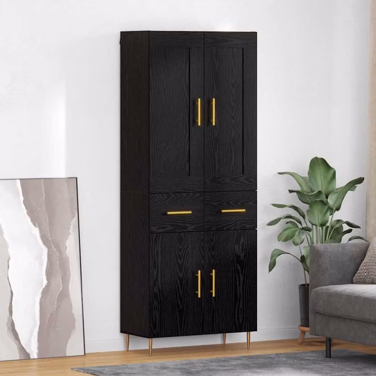 Credenza moderna vidaXL in MDF e metallo, colore nero e oro, con ante a battente e ripiani interni, L: 69,5 cm, P: 34 cm, H: 180 cm