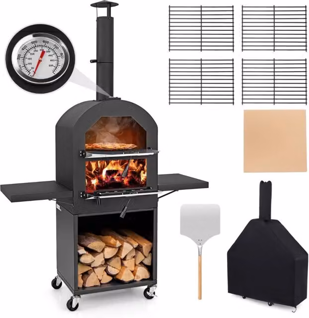Forno portatile con ruote per BBQ termometro integrato e spazio di archiviazione, Forno per pizza con copertura protettiva Nero