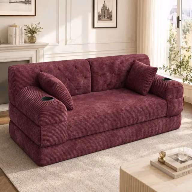 Divano letto MIVRAY a 3 posti in velluto a coste rosso/viola con funzione letto, portabevande e struttura in metallo