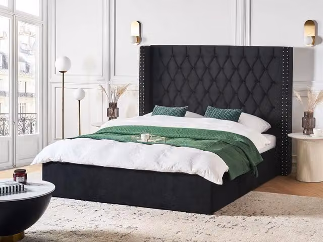 Letto contenitore Beliani in velluto nero e argento stile glamour L/P/H: 160 x 200 x 143 cm