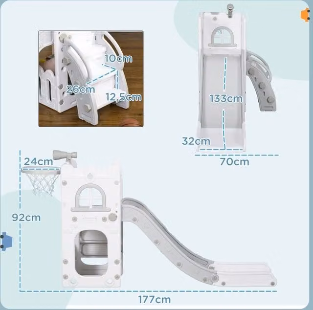 Scivolo per bambini 5 in 1 grigio con canestro, telescopio e contenitore