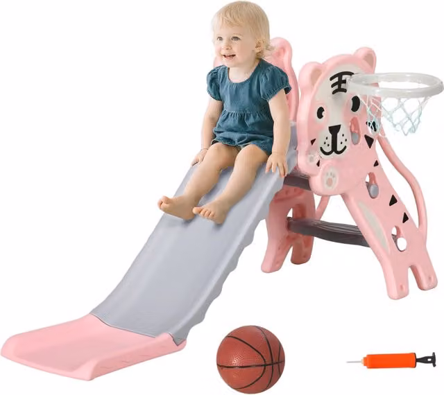 Scivolo per bambini XYLO con canestro e scale, rosa e grigio, L 133 cm x P 60 cm x H 70 cm