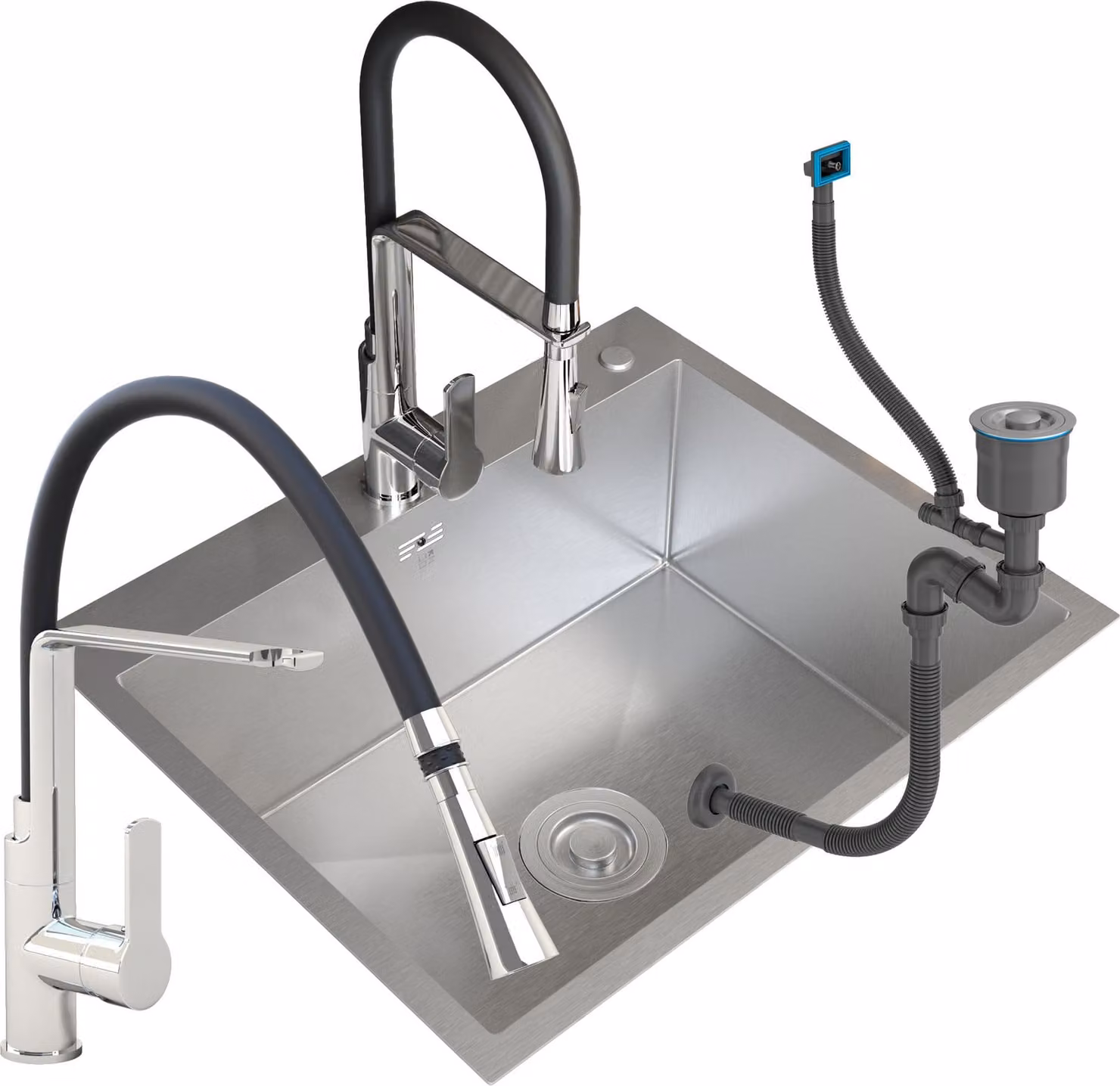 Granitan - Lavello in acciaio inossidabile - Lavello da cucina - Lavello 60x50 cm - Argento - con rubinetteria e accessori - VEGAS