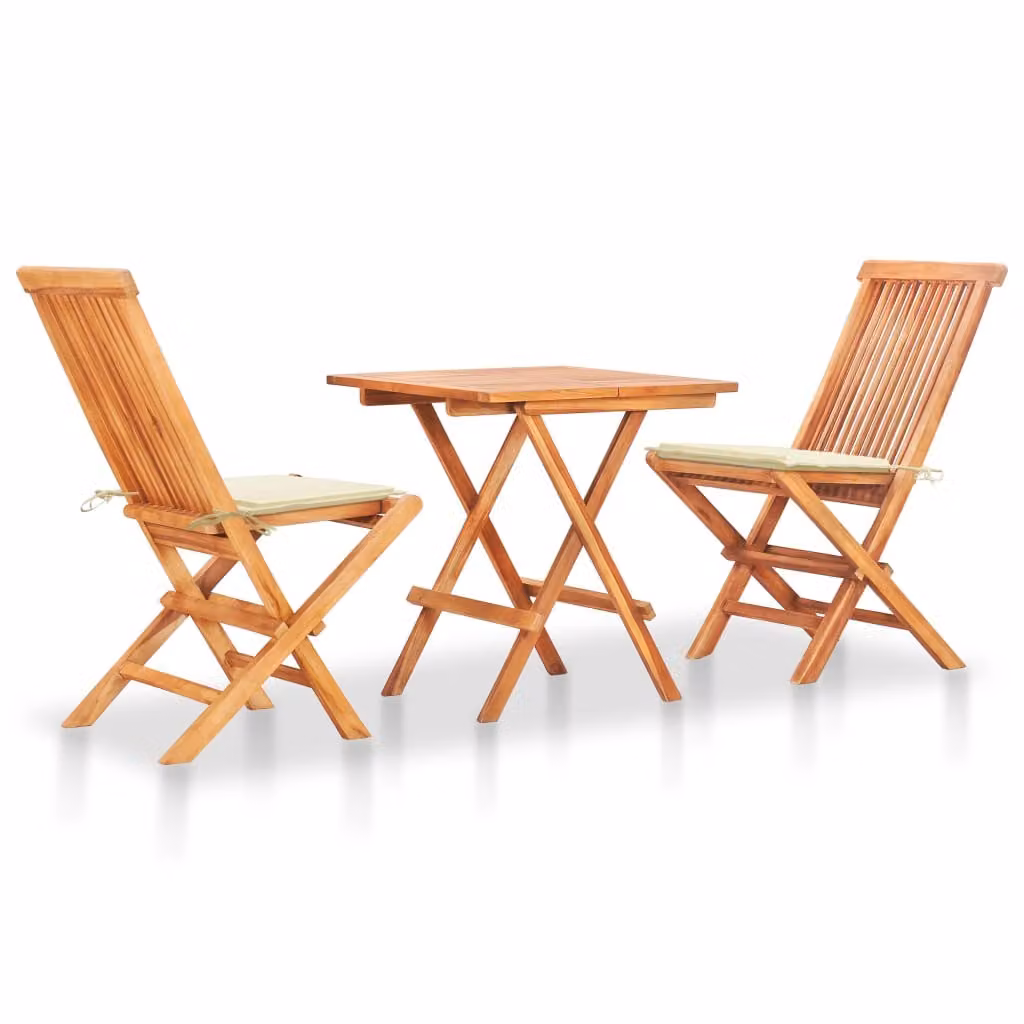 The Living Store Set da bistrot 3 pezzi con cuscini bianco crema in teak massiccio