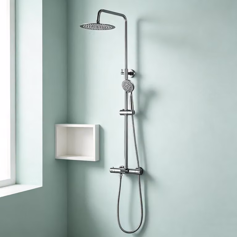 Sistema doccia con termostato, soffione a pioggia e doccetta, con getto a cascata, regolabile da 800 a 1260 mm