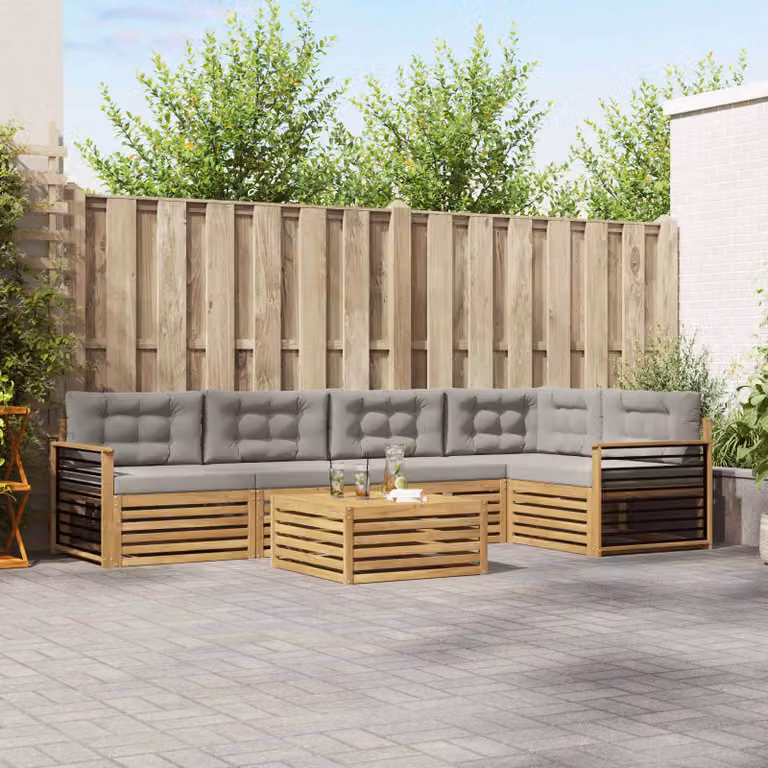 Set di divani da esterno vidaXL a forma di L composto da 6 pezzi con tavolino da caffè, struttura in legno di acacia e cuscini in tessuto bianco e grigio