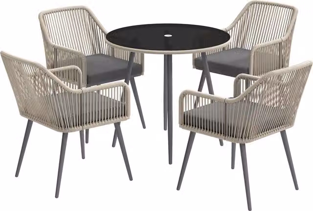 Set da giardino Outsunny composto da 5 pezzi con tavolo rotondo in vetro e 4 sedie in rattan e metallo, marrone e grigio