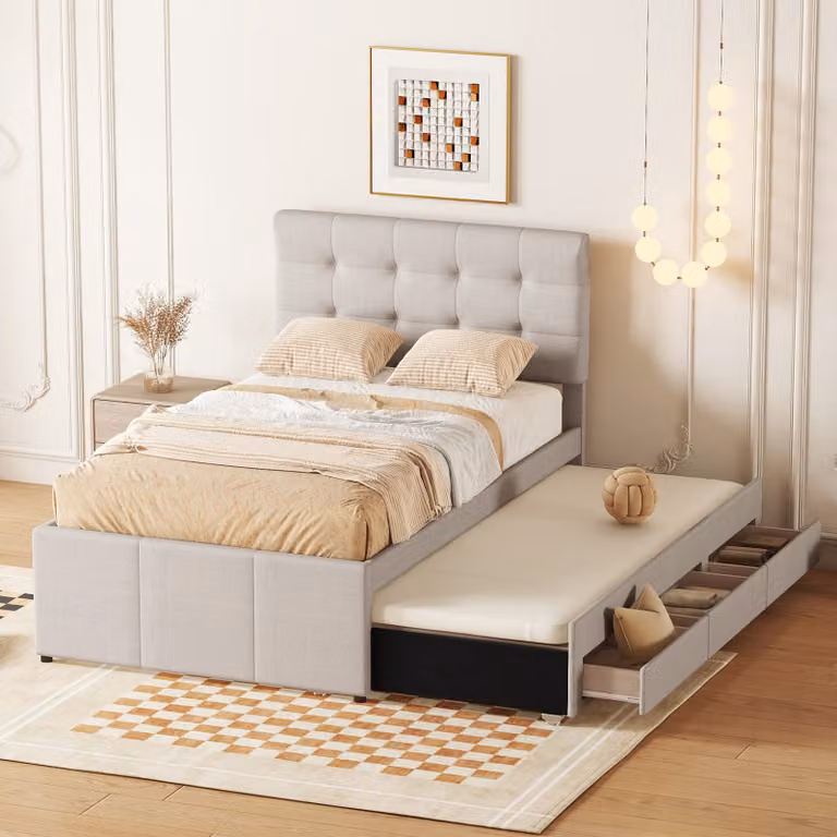 okwish Letto imbottito 90x200 cm, letto matrimoniale, letto familiare, letto matrimoniale con 3 cassetti, letto estraibile, testiera regolabile, beige