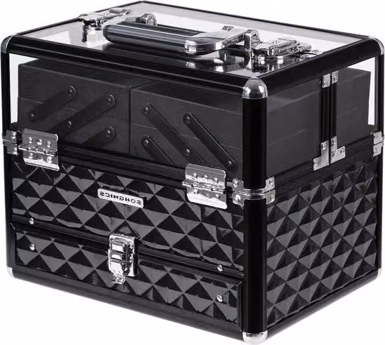 Organizzatore di cosmetici professionale con cassetti pieghevoli XL in vetro acrilico e plastica, colore nero, Larghezza: 30 cm