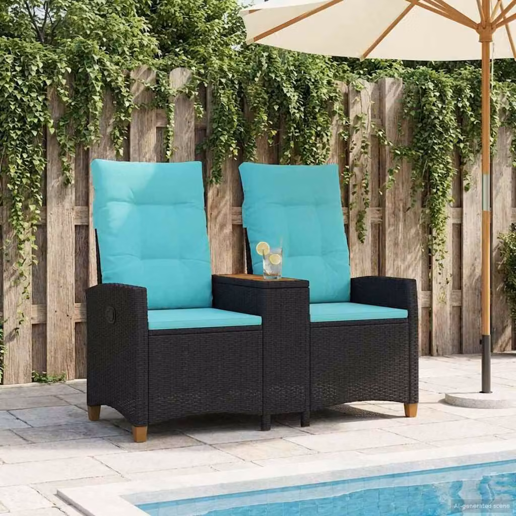 Panchina reclinabile con tavolo da 2 posti vidaXL in polyrattan con cuscini, nero e turchese, L: 126 cm, P: 65 cm, H: 112 cm