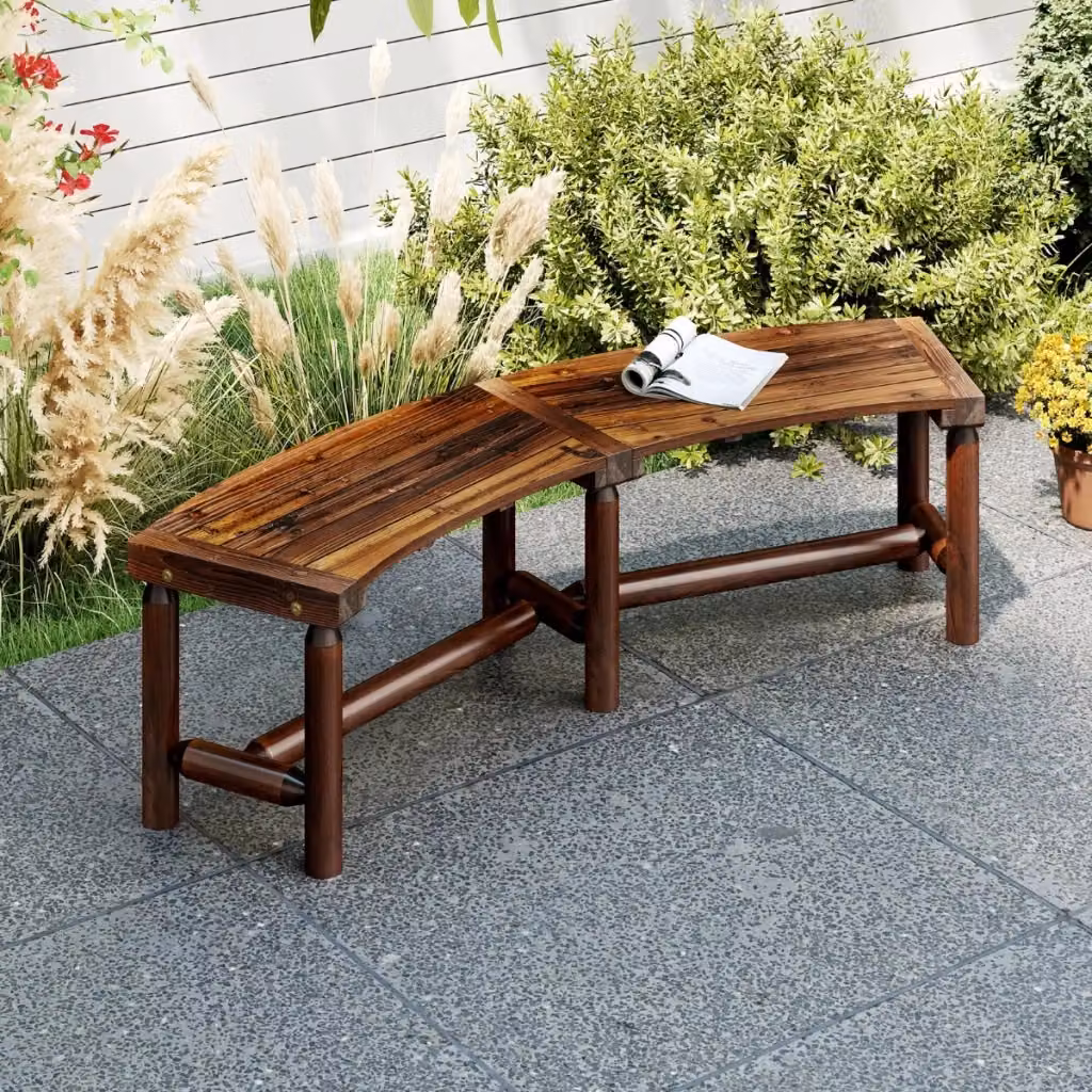 Panchina curva in legno massello marrone per esterni e giardino, ideale per 2-3 persone, design rustico senza schienale con portata massima 360 kg – 2