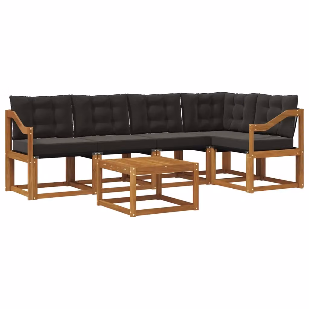 Set di divani da esterno a L vidaXL in legno di acacia e textilene, colore marrone e nero, composto da 6 pezzi con tavolo da caffè e cuscini inclusi – 2