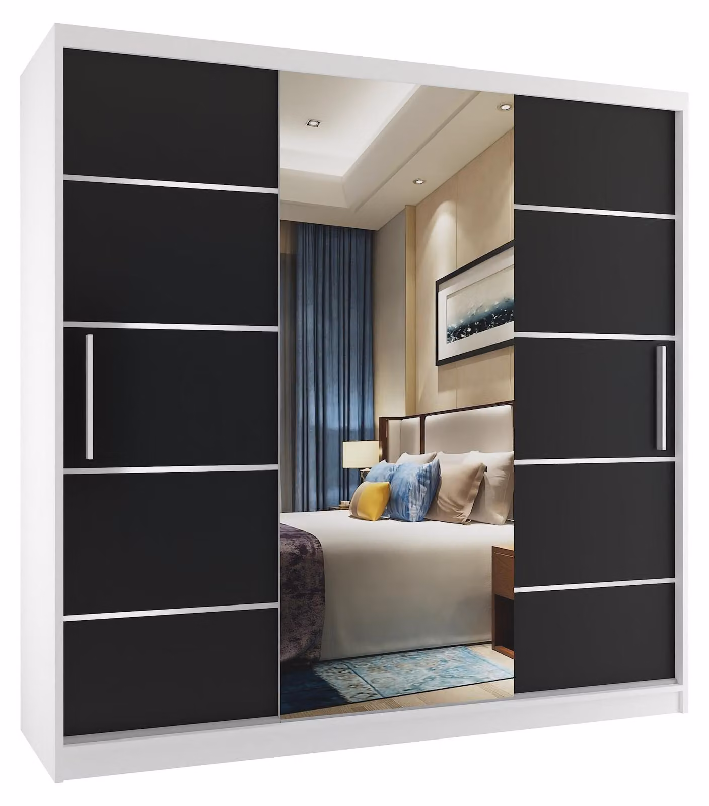 BELINI Verona, armadio scorrevole da 200 cm, bianco/nero opaco - armadio con specchio e 4 cassetti, ideale per la camera da letto