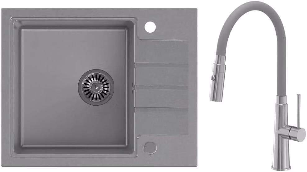 VBChome Lavello in granito grigio 62 x 50 cm Grigio Rubinetto flessibile Lavello in granito Lavello singolo Lavello da incasso Siphon a spruzzo