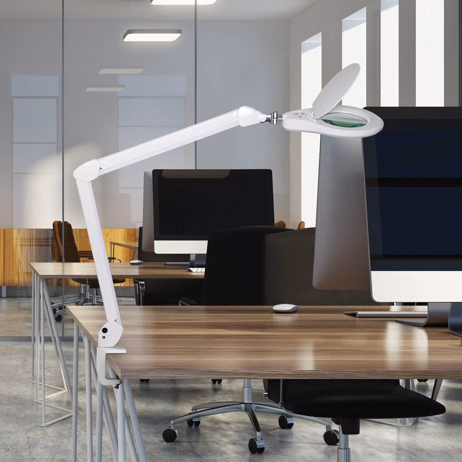 Maul Lampada con lente d'ingrandimento a LED MAULsource, bianca, 51 cm, dimmerabile, Bianco / Opale, Studio / Ufficio, Plastica, Moderno, Lampada con morsetto